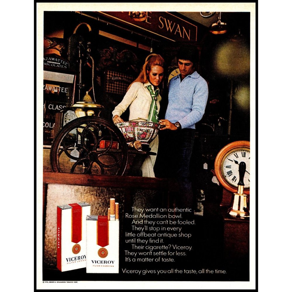 1970 Viceroy Cigarettes Vintage Print Ad Couple Antiques Brass Bell Wall Art